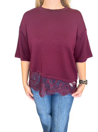 Solid short sleeve knit top featuring scallop lace hem detail