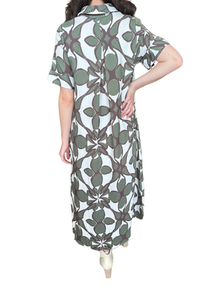 Printed short sleeve midi shirt dress featuring front button detail
