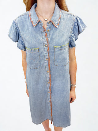 Denim Whipstich Trim Flutter Sleeve Mini Dress