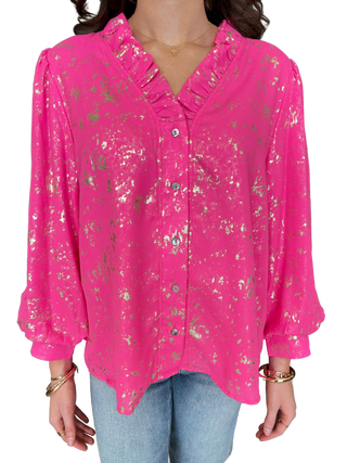 Ruffled Neckline Button Down Metallic Blouse