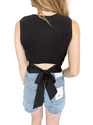 Black Bow Back Detail Sleeveless Sweater Top