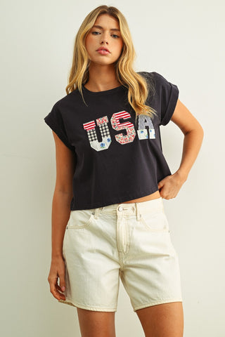 USA FLORAL PATCHWORK FRONT T-SHIRT