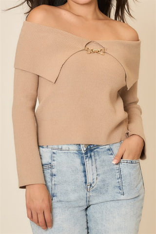 Cropped off Shoulder Shawl Collar Knit Sweater