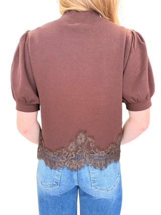 Solid short puff sleeve sweater top with a mock neck
