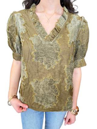 Ruffled V-Neck Textured Burnout Velvet Top