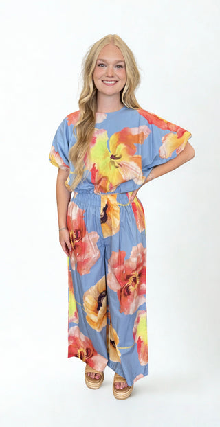 High Waist Ruffle Flower Wide Pants