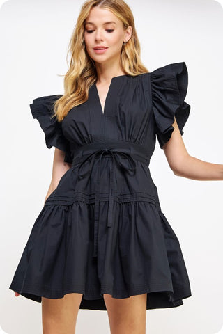 Flutter Sleeves Peplum Poplin Mini Dress
