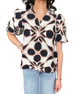 Printed short sleeve top featuring front button detail