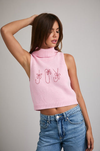 Turtle Neck Sleeveless Cropped "Joy" Novelty Knit Top