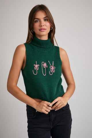 Turtle Neck Sleeveless Cropped "Joy" Novelty Knit Top