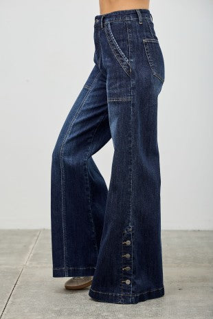 High Rise Wide Leg With Button Slit Jeans