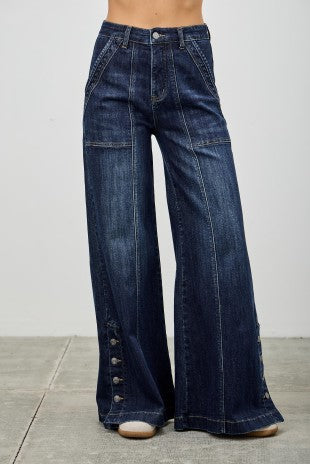 High Rise Wide Leg With Button Slit Jeans
