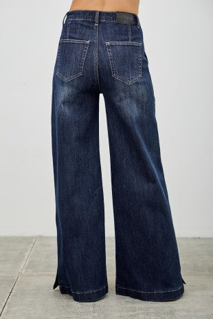 High Rise Wide Leg With Button Slit Jeans