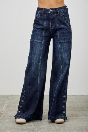 High Rise Wide Leg With Button Slit Jeans