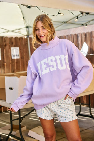 Lilac Jesus Embroidered Mock Neck Sweatshirt