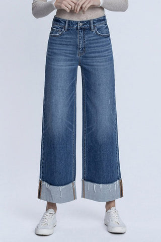 High Rise Cuffed Ankle Wide Jeans