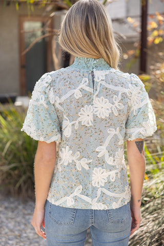 Smocked Mock Neck With Floral Lace Detailed Top