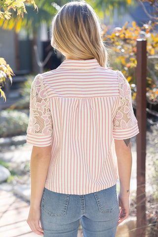 Collared V-Neck Stripe & Lace Mixed Fabric