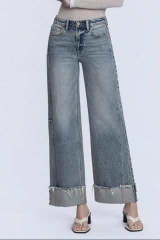 Tinted High Rise Wide Leg Cuff Jeans