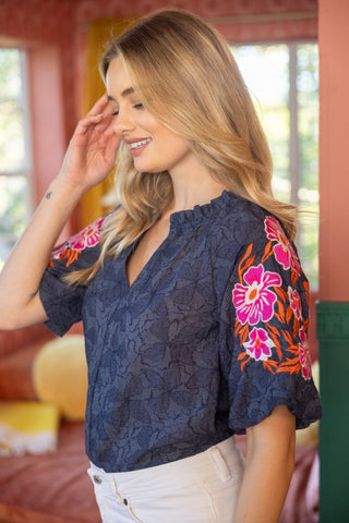 Embroidered Raglan Sleeve Floral Textured Top