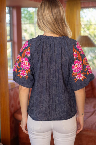 Embroidered Raglan Sleeve Floral Textured Top