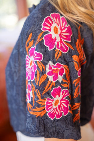 Embroidered Raglan Sleeve Floral Textured Top