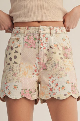 Vintage Pastel Floral Patchwork Scalloped Shorts