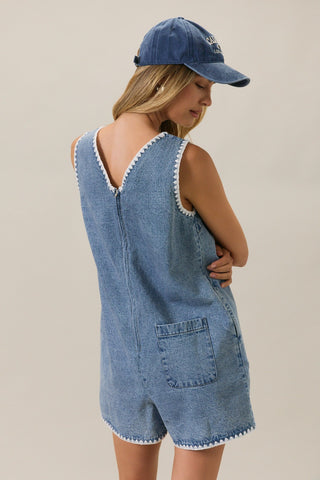 V-Neck Sleeveless Stitch Detail Denim Romper