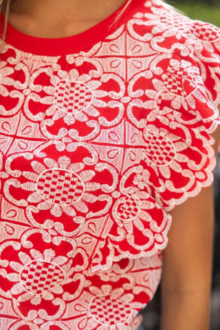 Scallop Ruffle Detail Floral Embroidered Top