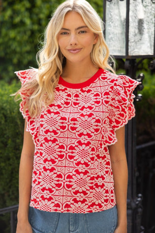 Scallop Ruffle Detail Floral Embroidered Top