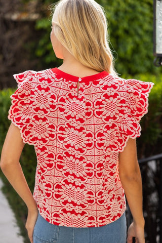 Scallop Ruffle Detail Floral Embroidered Top
