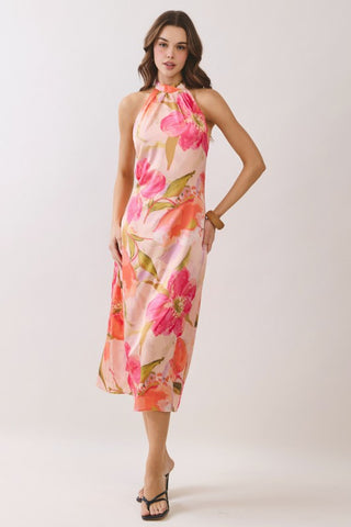 Floral Print Halter Neck Midi Dress