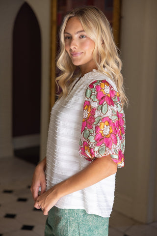 Floral Embroidered Short Bubble Sleeve Top