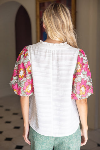 Floral Embroidered Short Bubble Sleeve Top
