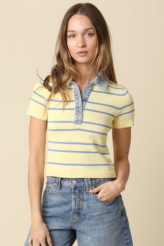 Short Sleeve Sweater W Denim Contrast Top