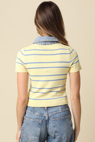 Short Sleeve Sweater W Denim Contrast Top