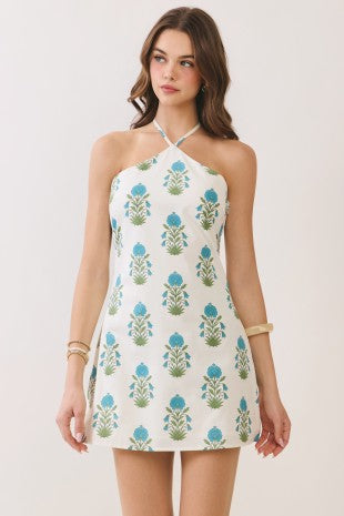 Floral Halter Side Zipper Neck Mini Dress