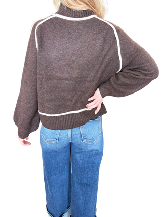 Solid long balloon sleeve sweater top with a mock neck