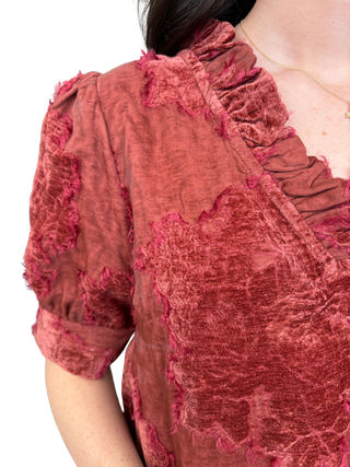 Ruffled V-Neck Textured Burnout Velvet Top