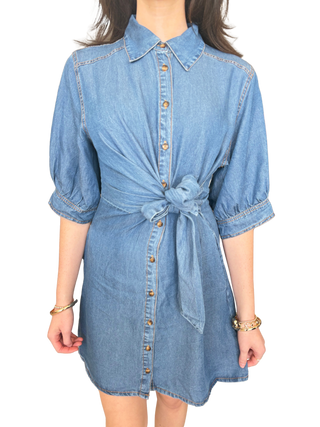 Solid ¾ sleeve denim mini dress featuring self-tie waist detail