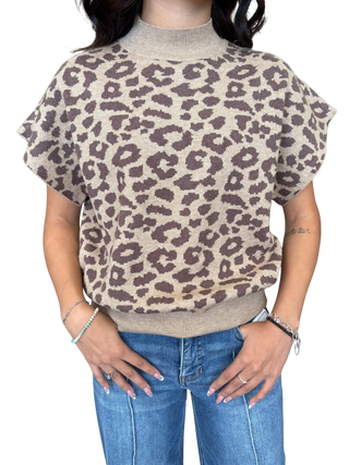 Leopard Cap Sleeve Knit Top Sweater