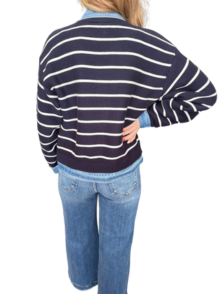 Stripe Knit And Denim Cardigan