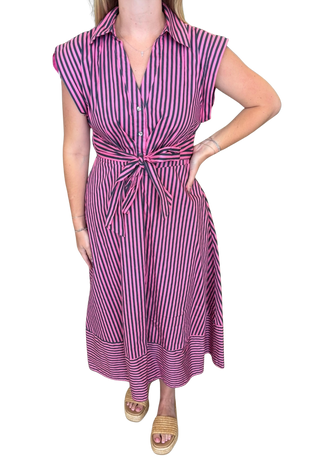 Striped cap sleeve midi dress featuring V-neck with self-tie detail at front