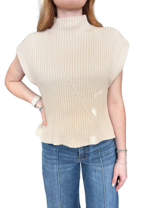 Solid cap sleeve knit top featuring ribbed texture. Mock neckline