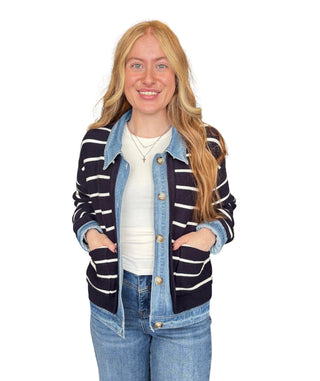 Stripe Knit And Denim Cardigan