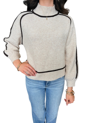 Solid long balloon sleeve sweater top with a mock neck