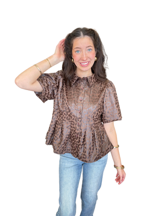 Pleated Collar Button Down Animal Faux Leather Top