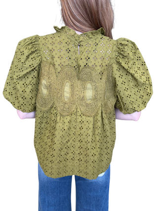 Solid short puff sleeve top with a ruffled neckline