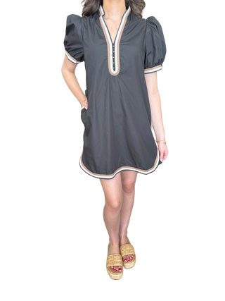 Solid short puff sleeve mini dress featuring a V-neck