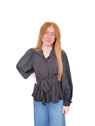 Solid balloon sleeve top with a stand collar and hidden buttons at front